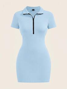 SHEIN BASICS Bộ 2 chiếc đầm ngắn dệt kim cổ bẻ màu trơn dáng casual có khóa kéo nửa thân dành cho nữ. - Nhiều màu - Xem 8