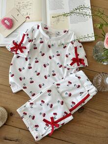 SHEIN 2pcs/Setelan Dua Potong Kasual Musim Panas untuk Bayi Perempuan: Atasan Lengan Pendek Kasual Motif Ceri dengan Pita dan Celana Panjang - MultiWarna - View 8