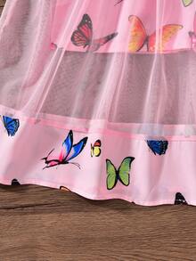 Tween Girls' Off-Shoulder Ruffle Hem Colorful Butterfly Print Mesh Jumpsuit, Holiday Style For Spring/Summer - Pink - View 7