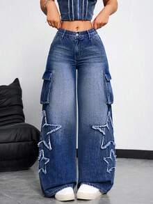 SHEIN ICON Damskie jeansy z szerokimi nogawkami i kieszeniami - Ciemny jeans - Zobacz 5