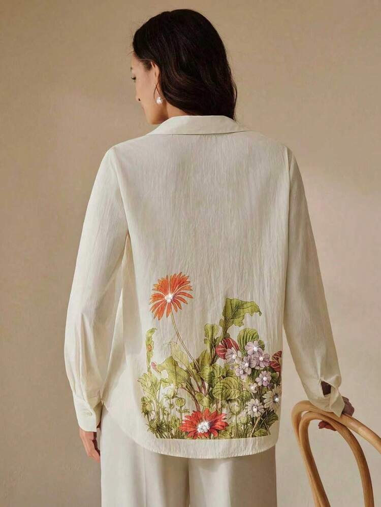 Delicate Floral Print Beaded Cream Blouse For Women, Spring/Summer