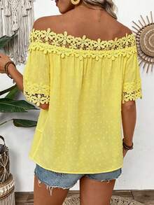 EMERY ROSE Women's Summer Beach Vacation Solid Color Contrast Lace Off Shoulder Loose Blouse - Yellow - View 3
