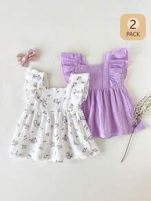 SHEIN 2pcs Newborn Casual Daily Wear Rose Red Solid Color & Floral Print Sleeveless Back Open Romper Dress, Suitable For Outings Or Comfortable Versatile - Mauve Purple - View 3