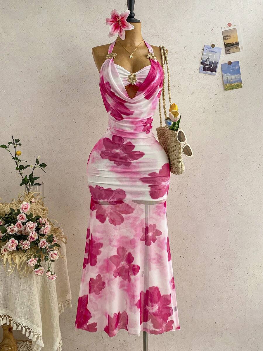 Soleia Women's Spring/Summer Vacation Floral Print Halter Neck Draped Dress - Pink - View 1
