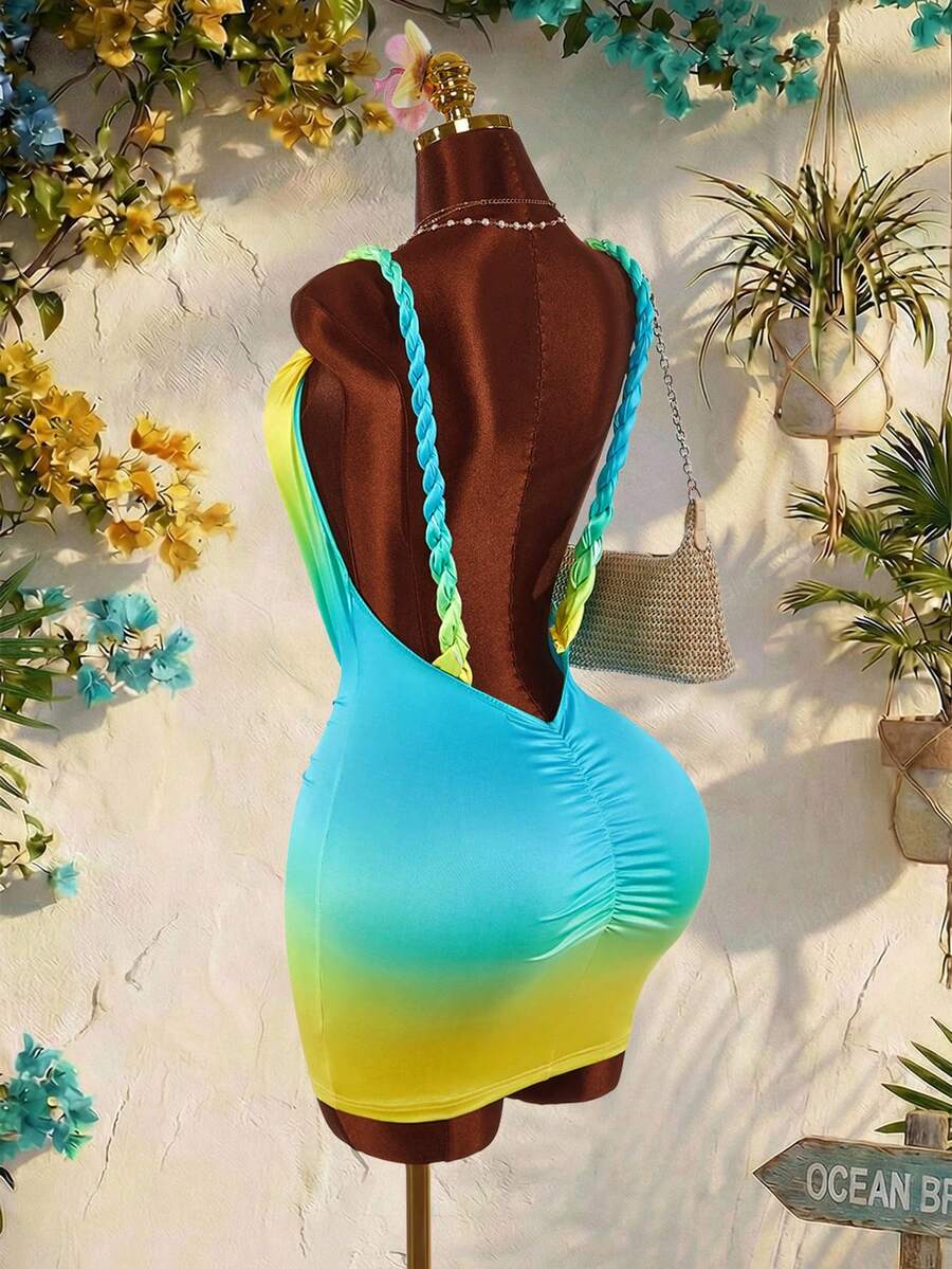Amplova 女士深V领绳结度假无袖性感紧身褶皱迷你连衣裙