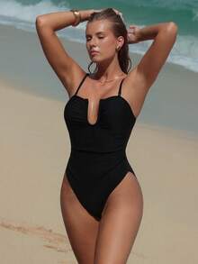 Swim Vcay 新款黑色简约时尚性感深V连体泳衣，女士款，春夏款 - 黑色 - 查看 3