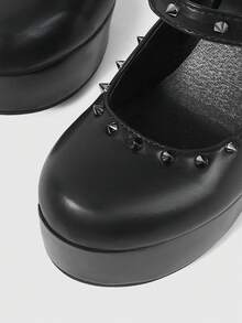 ROMWE Grunge Punk 暗黑摇滚朋克哥特风夏季露趾Y2K派对礼服鞋铆钉搭扣主题活动高跟厚底鞋女士高跟凉鞋 - 黑色環繞鉚釘 - 查看 4