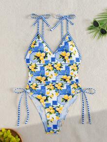 Swim Mod Baju Renang One-Piece Minimalis Motif Tropis Elegan Liburan Musim Panas Springbreak Wanita Terbaru dengan Motif Acak Warna dan Tali Samping untuk Pesta Kolam Renang - MultiWarna - View 6