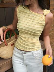 Serisse Frenchy Women's Pale Yellow Summer Elegant Cute Brunch Tank Top,Asymmetric Neck Metal Ring Detail Lettuce Trim Ruched Textured Sleeveless Camisole - Yellow - View 8