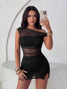 Sirith Bộ 2 áo crop top lưới màu trơn và chân váy mini gợi cảm cho nữ - màu đen - Xem 5