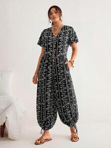 Freevana Plus Size All-Over Print V-Neck Button Casual Short Sleeve Jumpsuit - Black - View 6