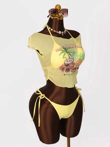 Swim Vcay 3pcs Fashionable Bikini Set With Cover-Up, Sexy Beach Vacation Outfit, Spring/Summer White - Yellow - View 6
