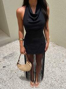 Firerie Women's Elegant Sexy Turtleneck Long Fringe Dress, Suitable For Music Festivals, Vacations, And Carnival Seasons, Night Out Black - Black - View 1