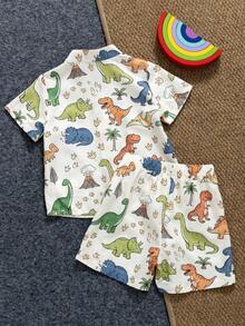 SHEIN Playful Pals 2件組 幼兒嬰兒恐龍印花短袖上衣與彈性腰圍短褲套裝 兒童服裝 6個月-3歲 - 米色 - 查看 3