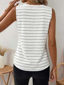EMERY ROSE Áo tank top nữ cổ chữ V không tay kẻ sọc, dáng suông, ôm eo, chất liệu cotton thoải mái, phù hợp cho các hoạt động thường ngày, đi làm, du lịch, mặc hàng ngày, màu đen trắng. - trắng - Xem 2