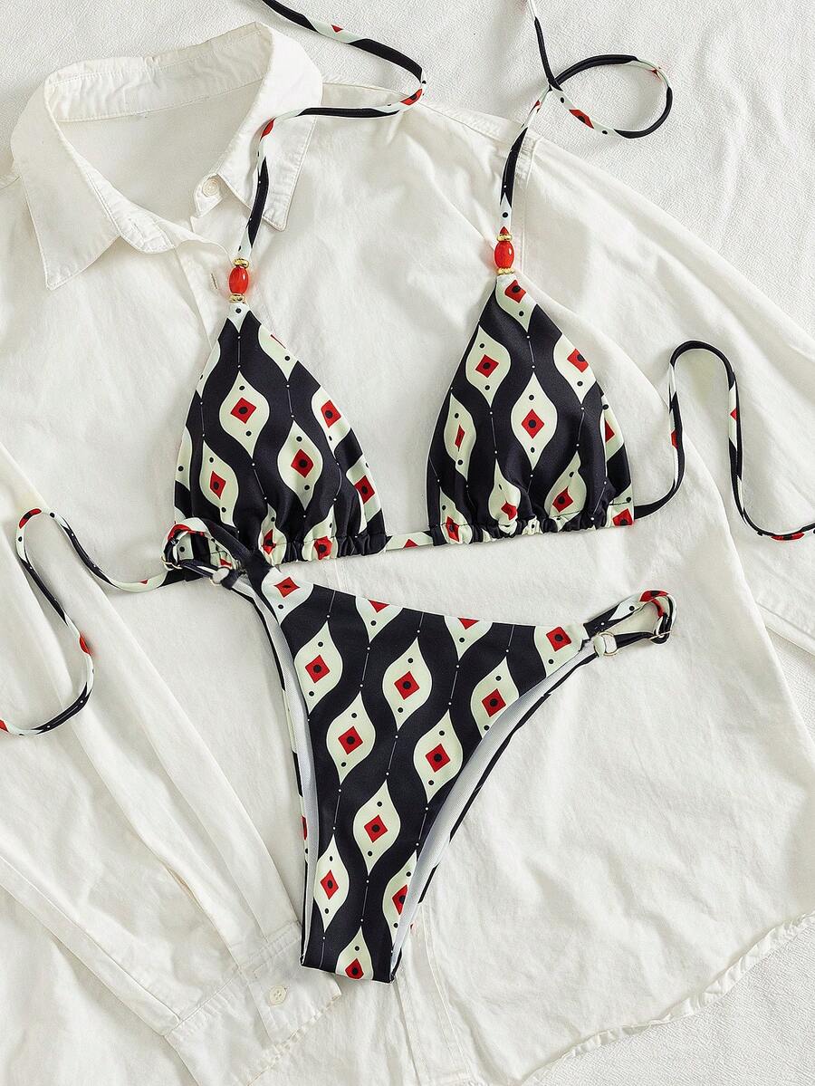 Swim Vcay Conjunto de bikini con estampado de patrones de primavera/verano, con cuentas, escote halter y espalda descubierta para mujer, ideal para la playa y festivales de música - Multicolor - Ver 1