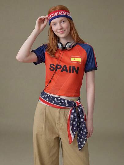 Elnivra 2026 Football World Cup Spain Soccer Jersey Style Women's Cropped T-Shirt, Red And Blue Football Fan Top, Team Espana Supporter Outfit,In USA–Canada–Mexico