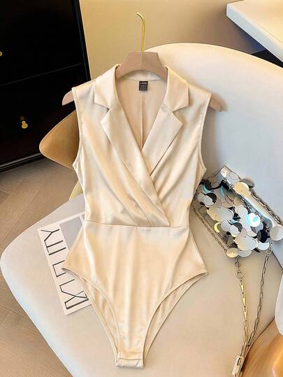 Ellevyn Women's Solid Color Lapel NeckSleeveless Bodysuit