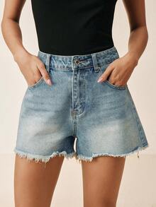 Anewsta Quần short denim màu xanh bạc màu, kiểu dáng rách rưới, đính đá lấp lánh. - Màu xanh lam - Xem 3