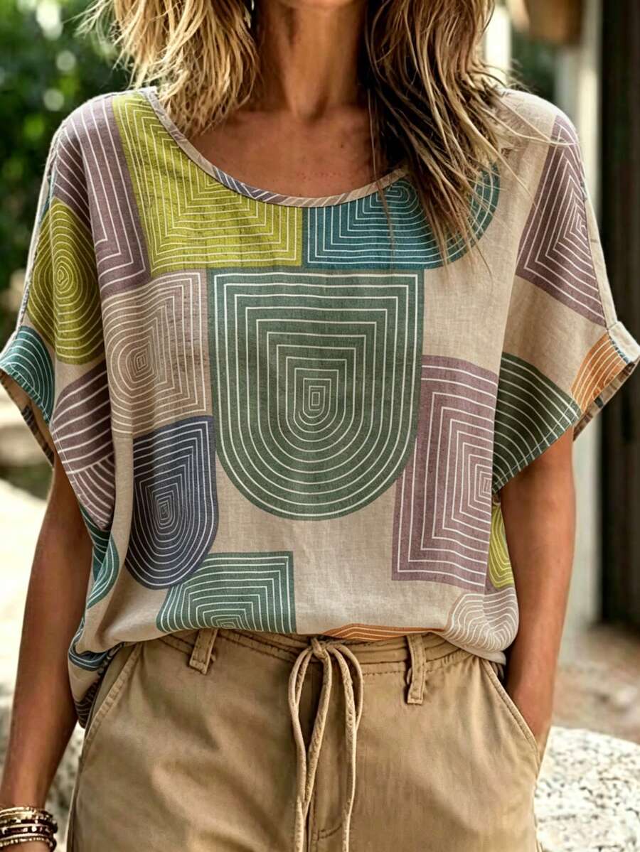 EMERY ROSE Plus Size Woven Printed Casual Resort Summer Shirt - Apricot - View 1