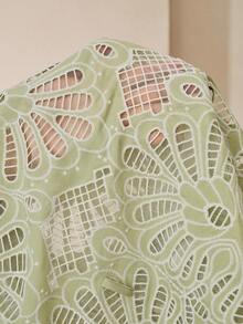 Anewsta Women's Summer Hollow Embroidery Front Button Short Sleeve Shirt - Green - View 8