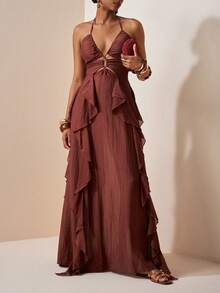 Zivah Đầm dự tiệc đi biển năm 2026, kiểu dáng thanh lịch, phong cách Bohemian, chất liệu chiffon mỏng, màu nâu, dây mảnh, viền bèo nhún, đầm hai dây, đầm buộc dây phía trước, đầm hai dây, đầm dài chiffon, đầm phong cách Bohemian, đầm đi nghỉ mát. - màu nâu - Xem 2