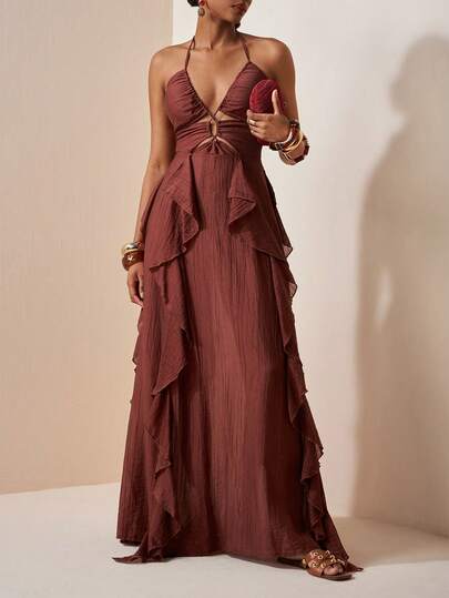 Zivah Đầm dự tiệc đi biển năm 2026, kiểu dáng thanh lịch, phong cách Bohemian, chất liệu chiffon mỏng, màu nâu, dây mảnh, viền bèo nhún, đầm hai dây, đầm buộc dây phía trước, đầm hai dây, đầm dài chiffon, đầm phong cách Bohemian, đầm đi nghỉ mát.
