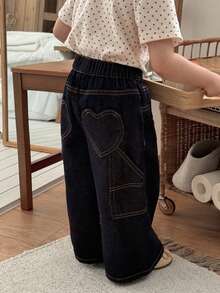 Dazy Kids Quần jean ống rộng kiểu Hàn Quốc, thắt eo, họa tiết trái tim, dành cho bé gái. - Màu xanh lam - Xem 6