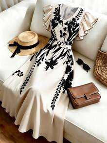 SHEIN Franclia Đầm midi nữ in họa tiết hoa nhiệt đới, cổ chữ V, tay bồng, thắt eo chéo, dáng chữ A, kiểu dáng thời trang thích hợp cho kỳ nghỉ. - Nhiều màu - Xem 1