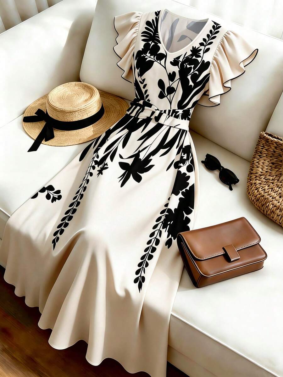 SHEIN Franclia Đầm midi nữ in họa tiết hoa nhiệt đới, cổ chữ V, tay bồng, thắt eo chéo, dáng chữ A, kiểu dáng thời trang thích hợp cho kỳ nghỉ. - Nhiều màu - Xem 1