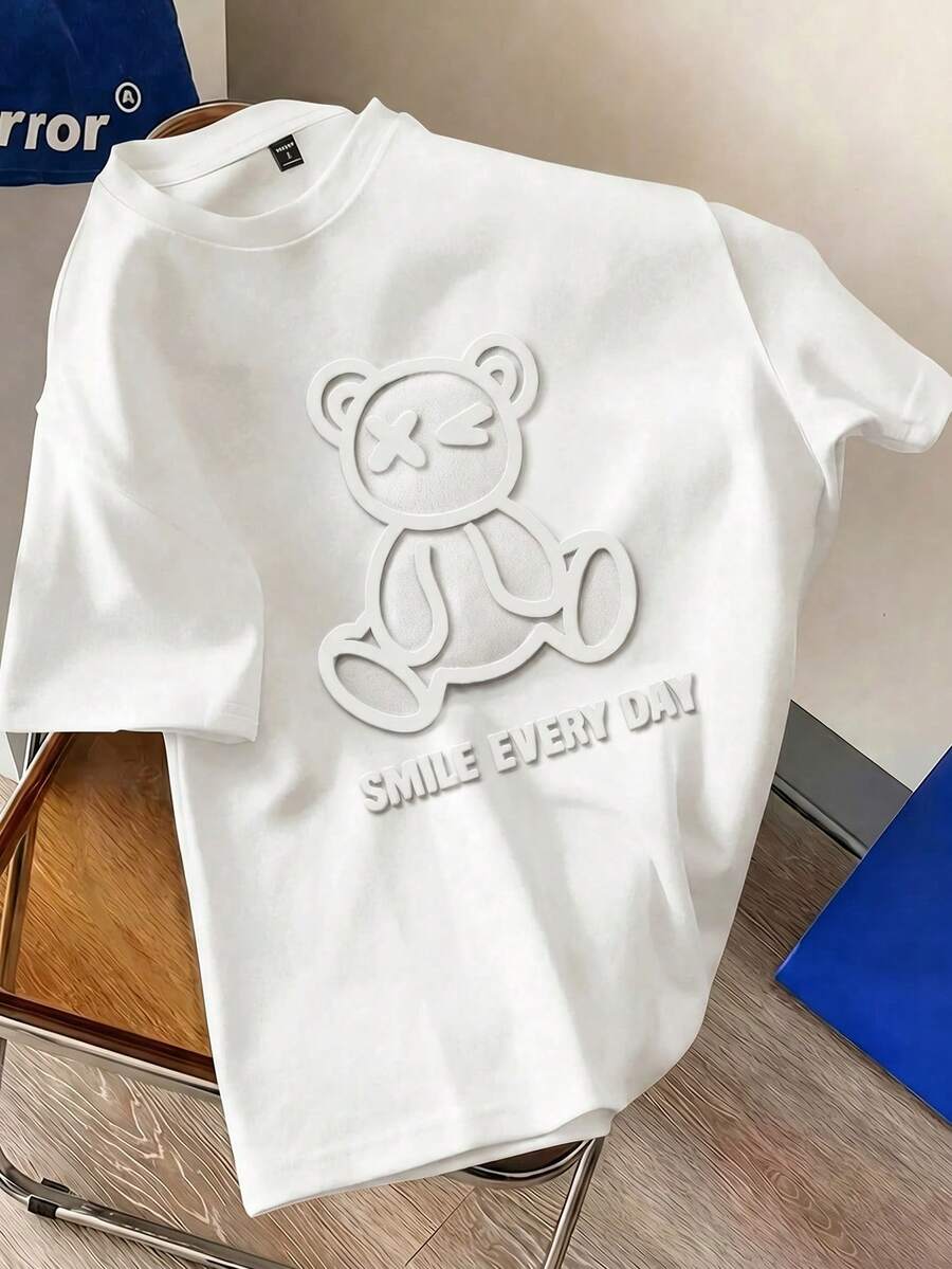Manfinity Joysei Plus Size Men's Letter & Bear Print Crew Neck Short Sleeve Knit T-Shirt - White - View 1