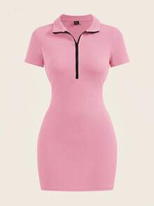 SHEIN BASICS Bộ 2 chiếc đầm ngắn dệt kim cổ bẻ màu trơn dáng casual có khóa kéo nửa thân dành cho nữ. - Nhiều màu - Xem 3