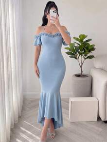 Feyla Women's Elegant Party Solid Color 3D Floral Decor Off-Shoulder Halter Mermaid Dress - Blue - View 4