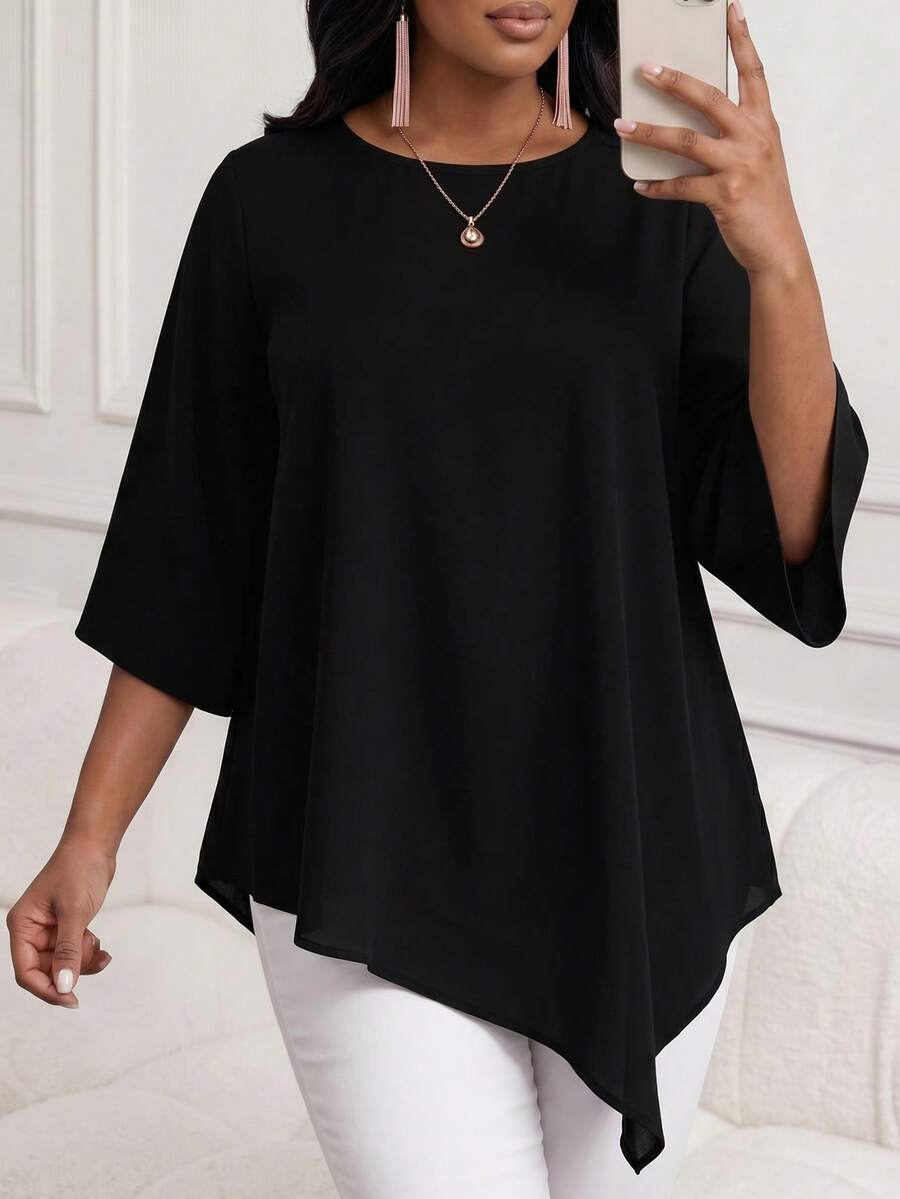SHEIN Lady CURVE Áo cánh thanh lịch cổ tròn tay 3/4 dáng rộng, viền bất đối xứng, cỡ lớn dành cho nữ - màu đen - Xem 1