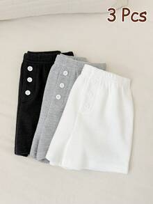 SHEIN Unisex Baby/Toddler Waffle Knit Casual Cute Shorts Set, Multi-Pack, Baby Boy Pants, Shorts, Spring/Summer - Black and White - View 6