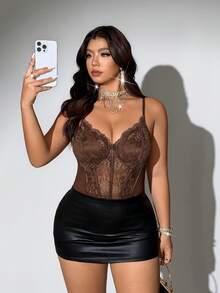 Viva Relle Plus Size Women Brown Bodysuit,Summer Classy Night Out Club French Style Lace Patchwork Mesh,With Underwire,3D Striped,Ruffle Trim,Backless,Adjustable - Brown - View 2