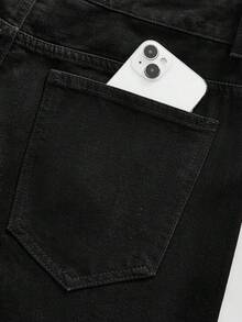 Men's Embroidered Pattern Rhinestone Loose Denim Shorts - Black - View 6