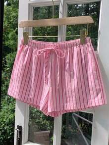 Comfortcana Quần short nữ dáng casual tối giản, kẻ sọc hồng, có dây rút ở eo, thích hợp cho mùa xuân/hè, đi nghỉ mát, ở nhà, kiểu dáng đa năng. - Nhiều màu - Xem 4