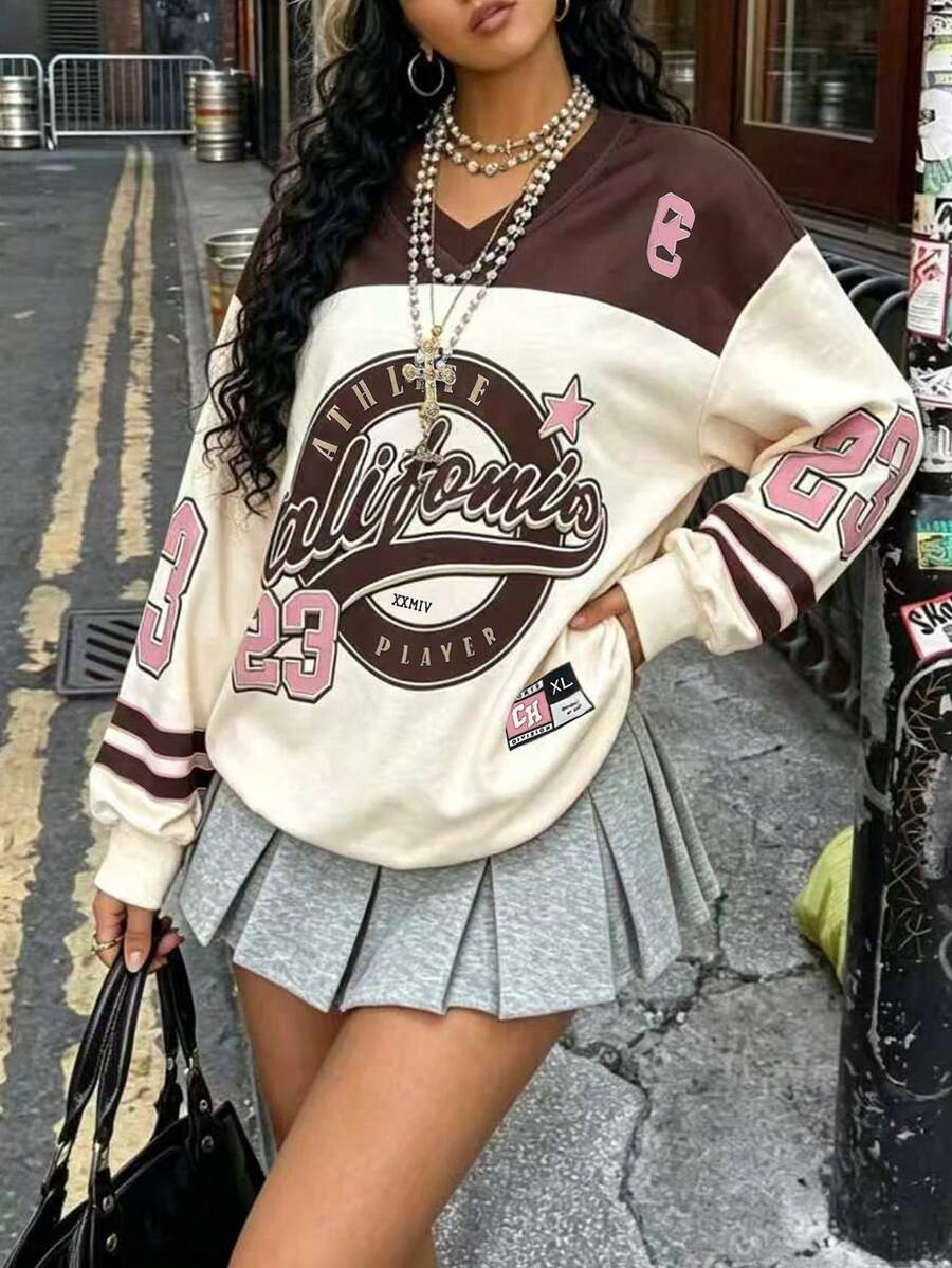 Rovax Women's Casual V-Neck Oversized Long Sleeve Letter Print Sweatshirt, Autumn Jersey - Pink - View 1