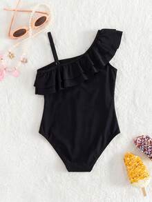 SHEIN Young Girl Solid Color Ruffle Asymmetric Neckline One-Piece Swimsuit - Black - View 4