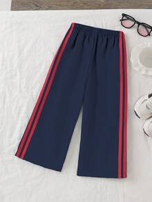 Genkimix Kids Young Girl Colorblock Striped Wide Leg Pants - Royal Blue - View 2