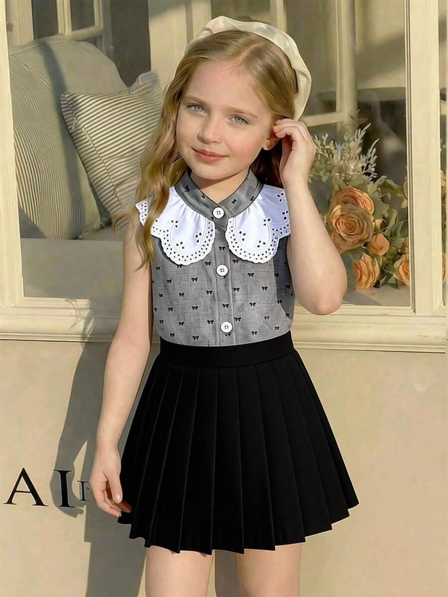 Elladie kids 2件/套少女蕾絲拼接灰色蝴蝶結印花背心上衣 & 黑色百褶裙，兒童夏季清新時尚休閒戶外套裝