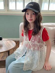 Dazy Kids Áo kiểu ren phối nhiều mảnh buộc dây dành cho bé gái tuổi teen, kiểu dáng thường ngày đa năng, thích hợp mặc hàng ngày. - Màu be - Xem 5