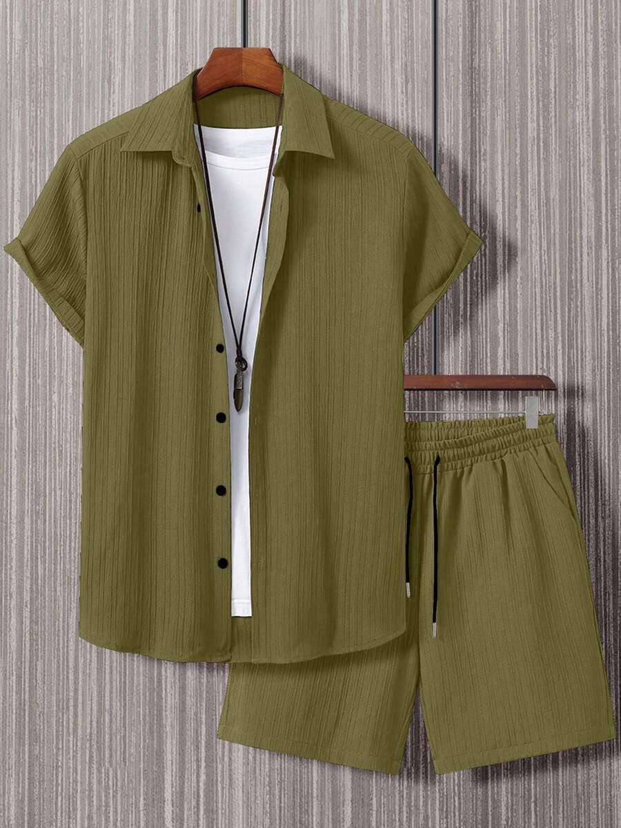 Manfinity Homme Men's Summer Casual Vacation Daily Commute Solid Color Textured Fabric Short Sleeve Shirt And Drawstring Waist Shorts Set - Army Green - View 1