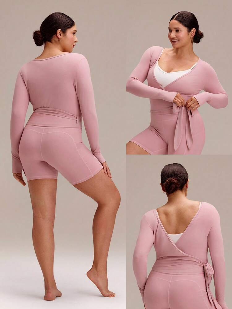 Plus Size FeatherFit™ Sweat-Wicking Stretchy Reversible Tie Waist Long Sleeve Plus Size Yoga Top With Thumbholes Pilates Studio Daily Wear