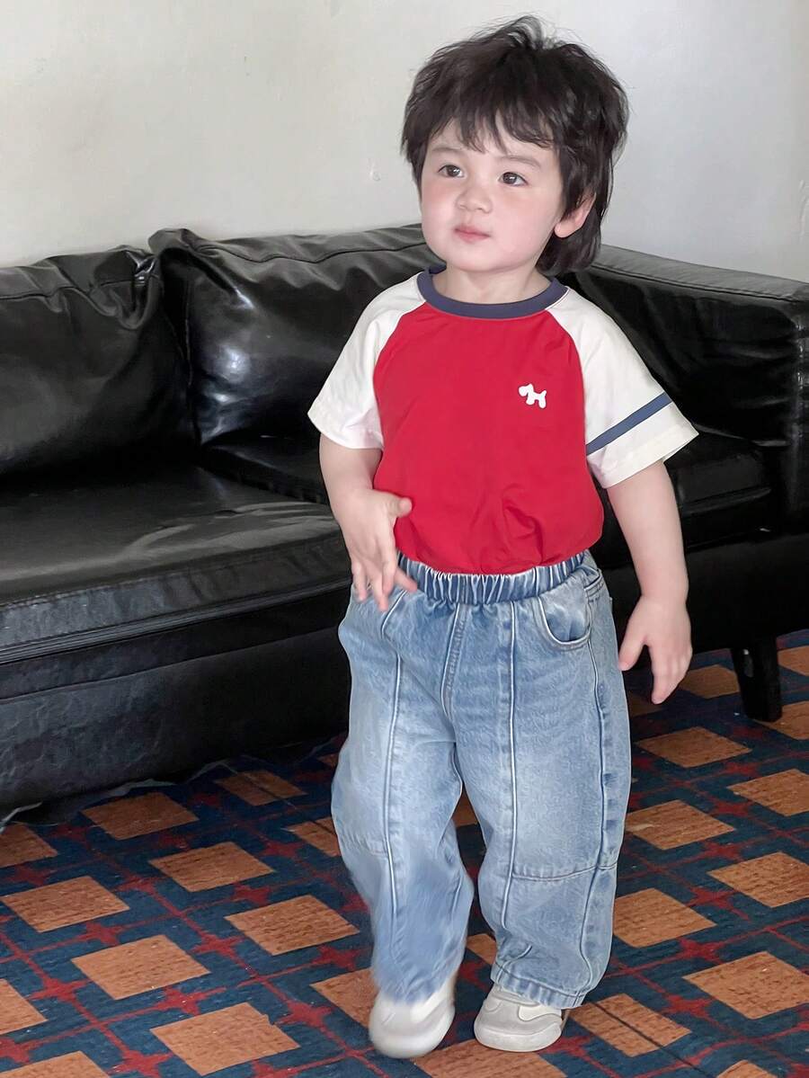 Dazy Kids Pantalones vaqueros casuales de estilo coreano con lavado para niños pequeños, corte holgado - Azul - Ver 1