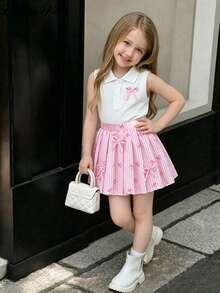 Elladie kids 女童春夏新款Polo衫套装，正面蝴蝶结设计，白色纽扣半开领针织上衣，搭配粉色蝴蝶结装饰，条纹印花百褶裙，面料柔软舒适，适合女童日常外出、聚会、度假等场合，可爱优雅的韩版风格，休闲时尚。 - 粉色 - 查看 6