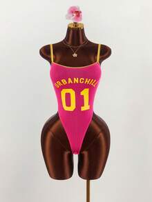 Amplova Women's Sporty Colorblock Lace Patchwork Bodysuit Golf White Summer Sexy - Hot Pink - View 2