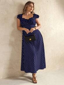 Elegantrix Plus Size Women's Spring/Summer Floral Contrast Polka Dot Print Casual Office Dress - Blue - View 1