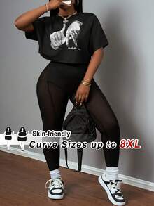 SHEIN CURVE+ Leggings de tela de punto de malla transparente y parches para mujer de talla grande, pantalones deportivos y de ocio - Negro - Ver 6